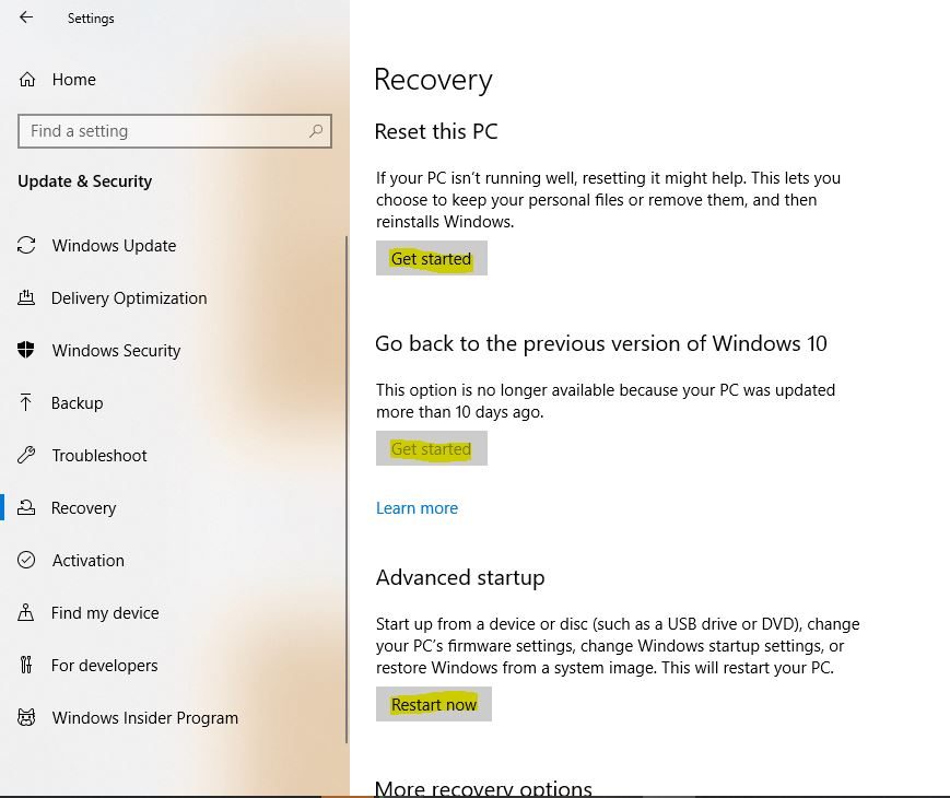 windows recovery options