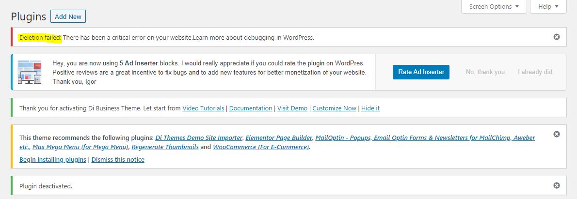Deletion failed: There has been a critical error on your website.Learn more about debugging in WordPress.
