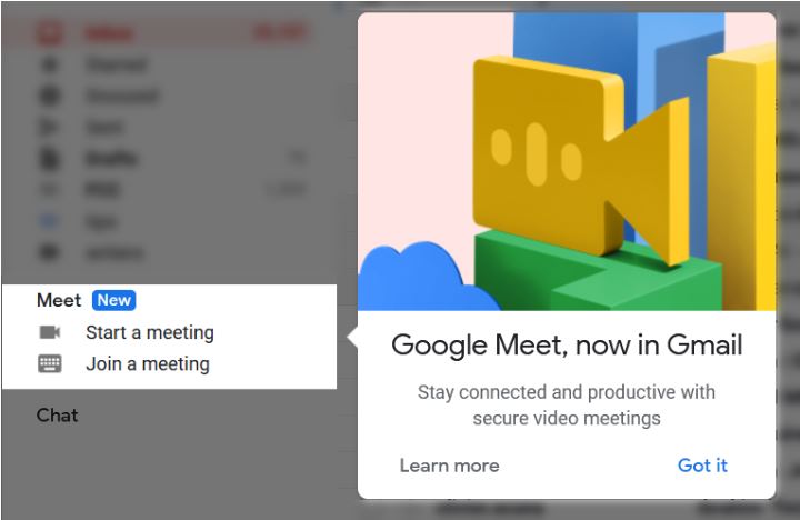 Google Meet starts to appear inside Gmail