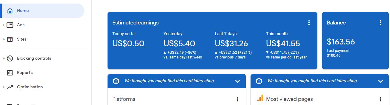 Google Adsense main interface